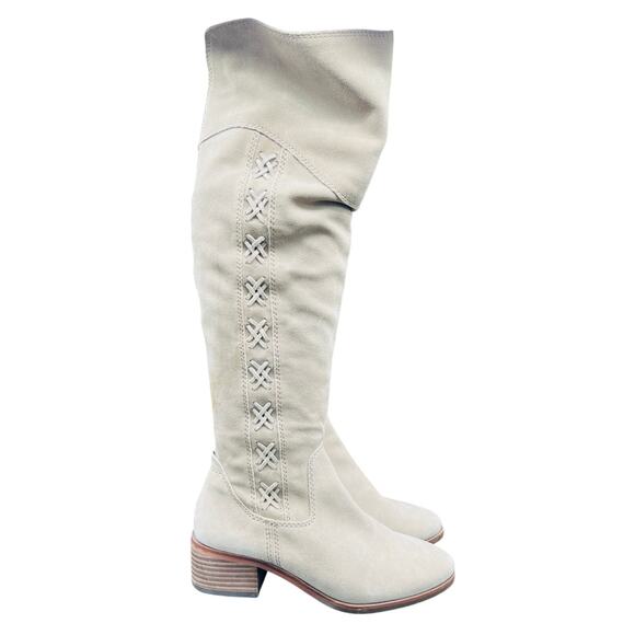 🤍 Vince Camuto Over The Knee Boots Beige Suede Size 7.5M Lace Detail Tall Chic - Picture 3 of 9